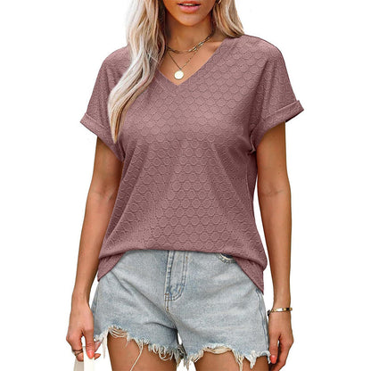 Damen T-Shirt mit V-Ausschnitt, hohl, einfarbig, bequem, atmungsaktiv