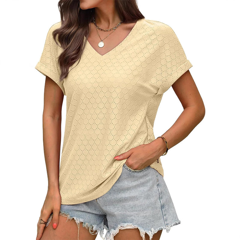 Damen T-Shirt mit V-Ausschnitt, hohl, einfarbig, bequem, atmungsaktiv