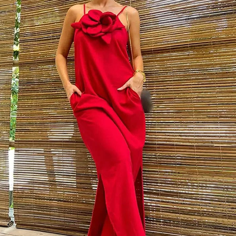 Elegantes Maxikleid mit Spaghettiträgern und floralem Akzent für Damen