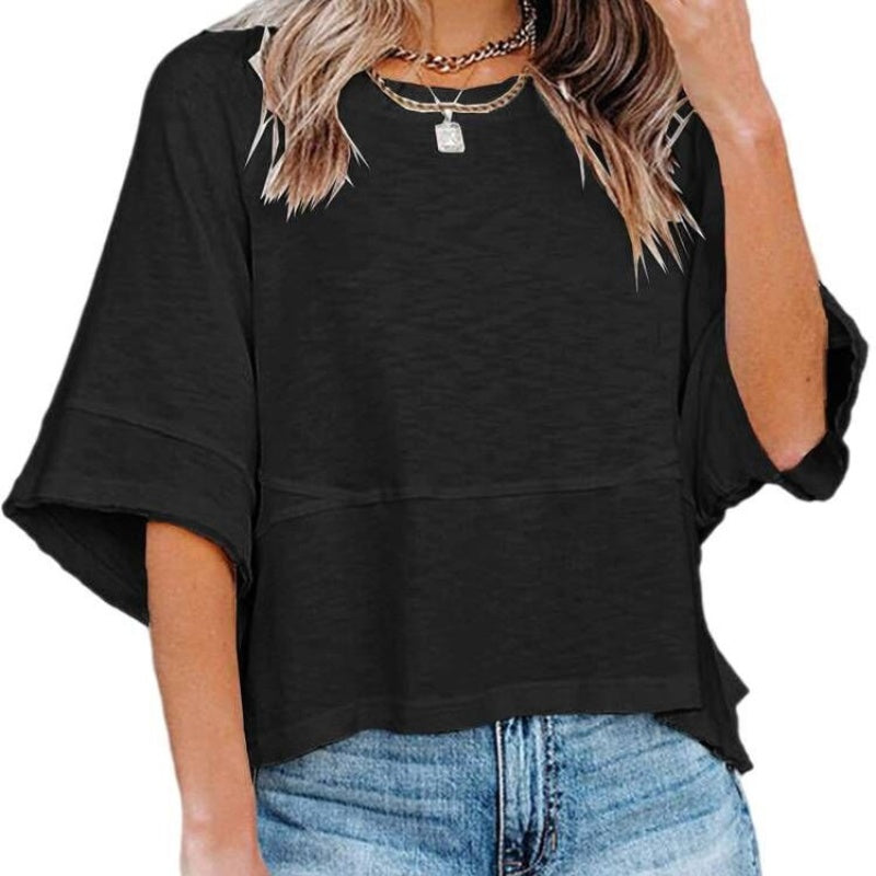 🌸Einfarbiges Patchwork-T-Shirt mit lockeren Fünf-Punkt-Trompetenärmeln🌈