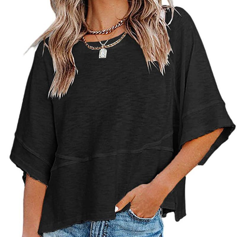🌸Einfarbiges Patchwork-T-Shirt mit lockeren Fünf-Punkt-Trompetenärmeln🌈