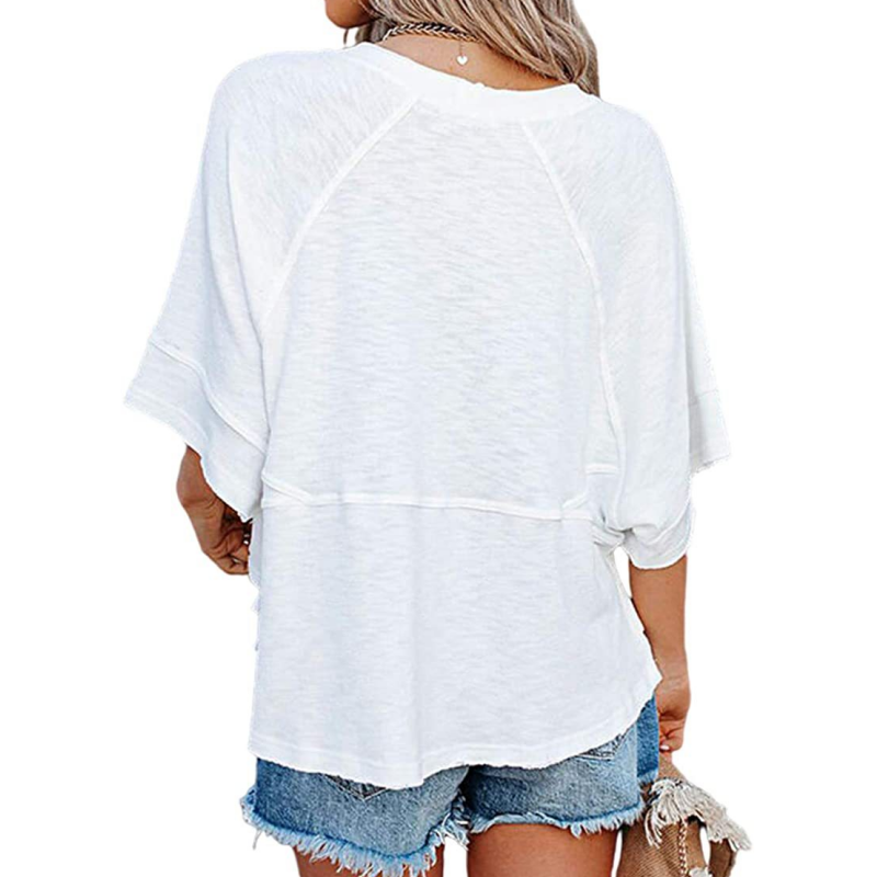 🌸Einfarbiges Patchwork-T-Shirt mit lockeren Fünf-Punkt-Trompetenärmeln🌈