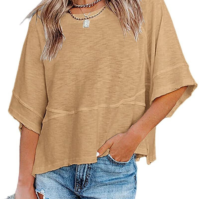 🌸Einfarbiges Patchwork-T-Shirt mit lockeren Fünf-Punkt-Trompetenärmeln🌈