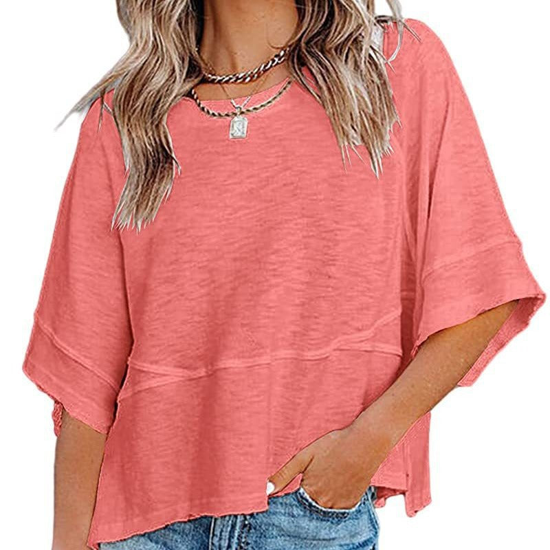 🌸Einfarbiges Patchwork-T-Shirt mit lockeren Fünf-Punkt-Trompetenärmeln🌈