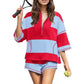 Zweiteiliges Set aus gestreiftem Oberteil und Shorts mit halbem Reißverschluss für Damen