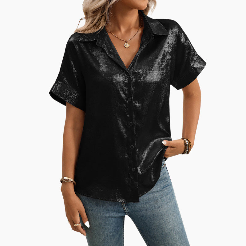 Metallic-Kurzarm-Button-Down-Hemd für Damen