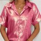 Metallic-Kurzarm-Button-Down-Hemd für Damen