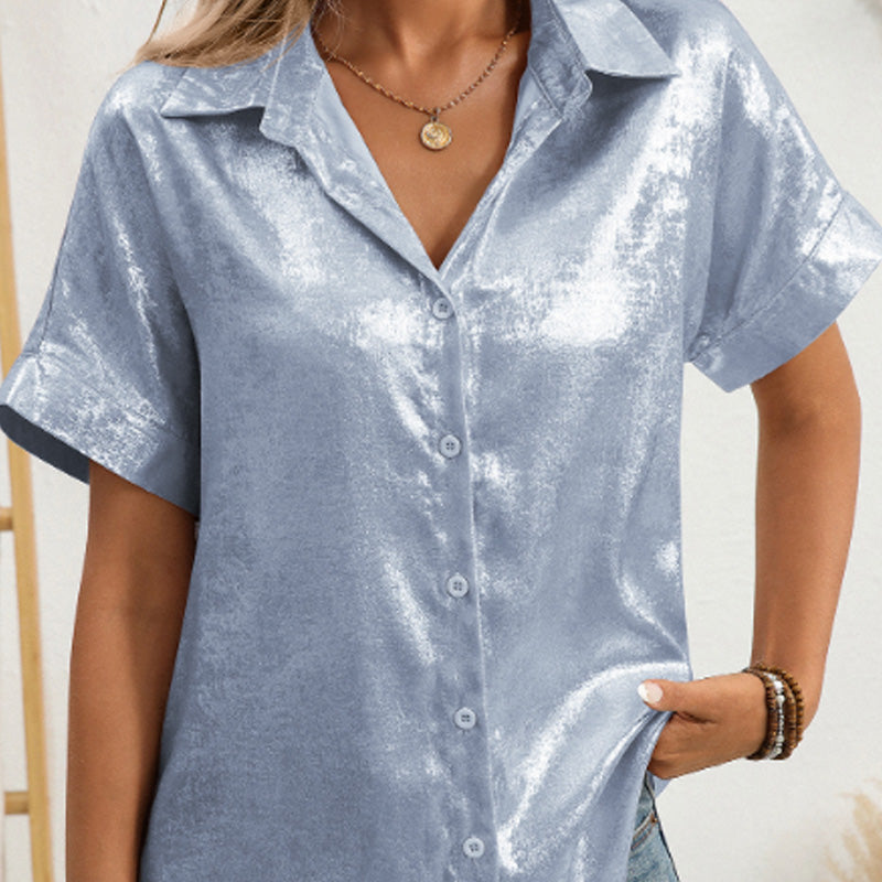 Metallic-Kurzarm-Button-Down-Hemd für Damen
