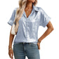 Metallic-Kurzarm-Button-Down-Hemd für Damen