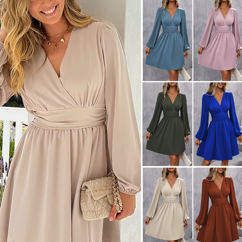 Modisches Wickelkleid für Damen mit V-Ausschnitt, Empire-Taille und Laternenärmeln