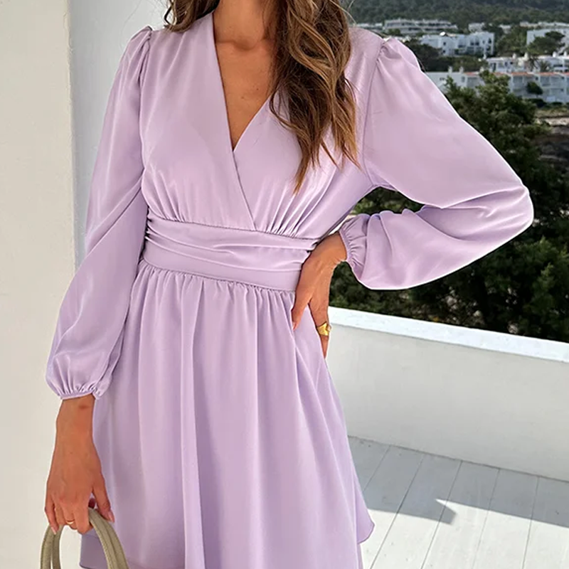 Modisches Wickelkleid für Damen mit V-Ausschnitt, Empire-Taille und Laternenärmeln