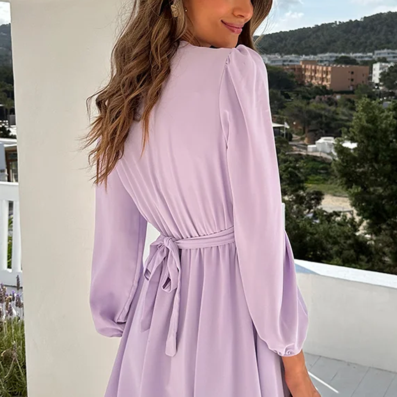 Modisches Wickelkleid für Damen mit V-Ausschnitt, Empire-Taille und Laternenärmeln