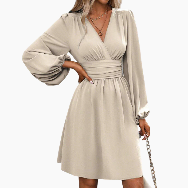 Modisches Wickelkleid für Damen mit V-Ausschnitt, Empire-Taille und Laternenärmeln