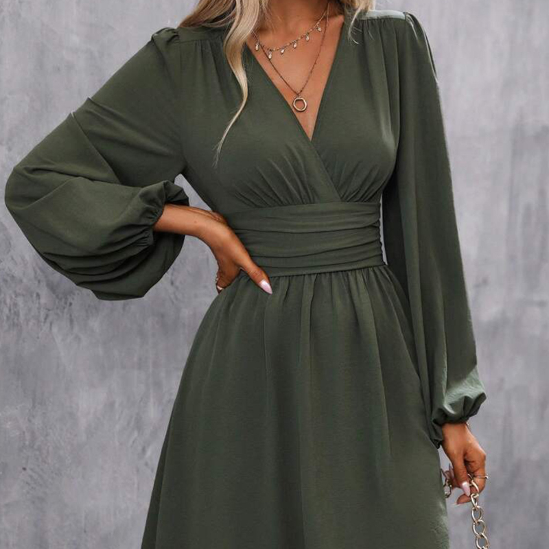 Modisches Wickelkleid für Damen mit V-Ausschnitt, Empire-Taille und Laternenärmeln