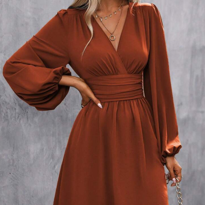 Modisches Wickelkleid für Damen mit V-Ausschnitt, Empire-Taille und Laternenärmeln