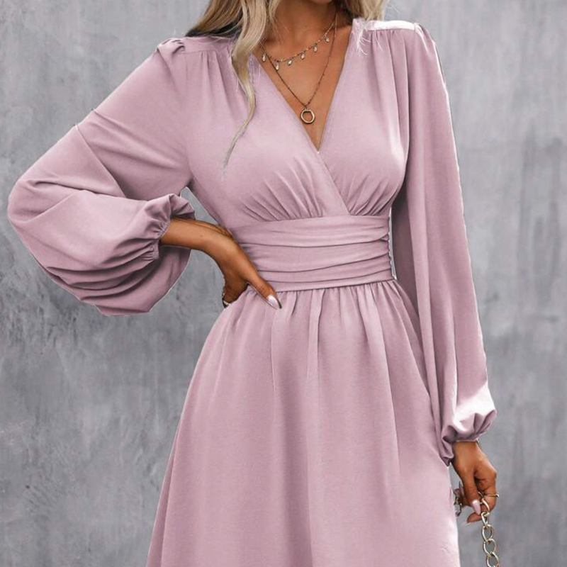 Modisches Wickelkleid für Damen mit V-Ausschnitt, Empire-Taille und Laternenärmeln