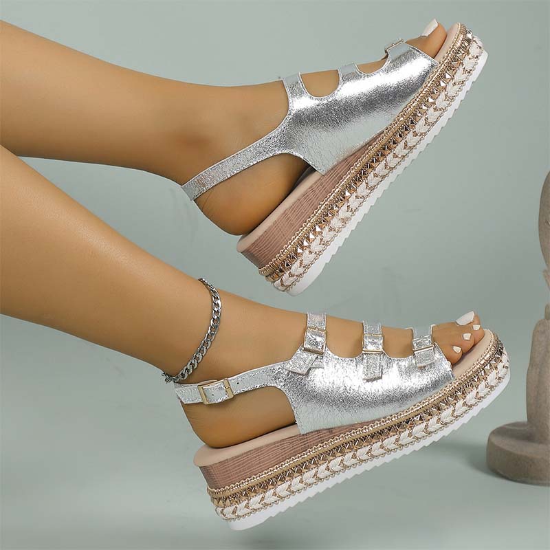 Damen Sommer Sandalen mit dicker Plateausohle und Knöchelriemen