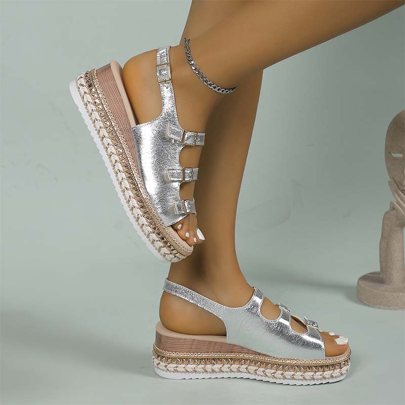Damen Sommer Sandalen mit dicker Plateausohle und Knöchelriemen