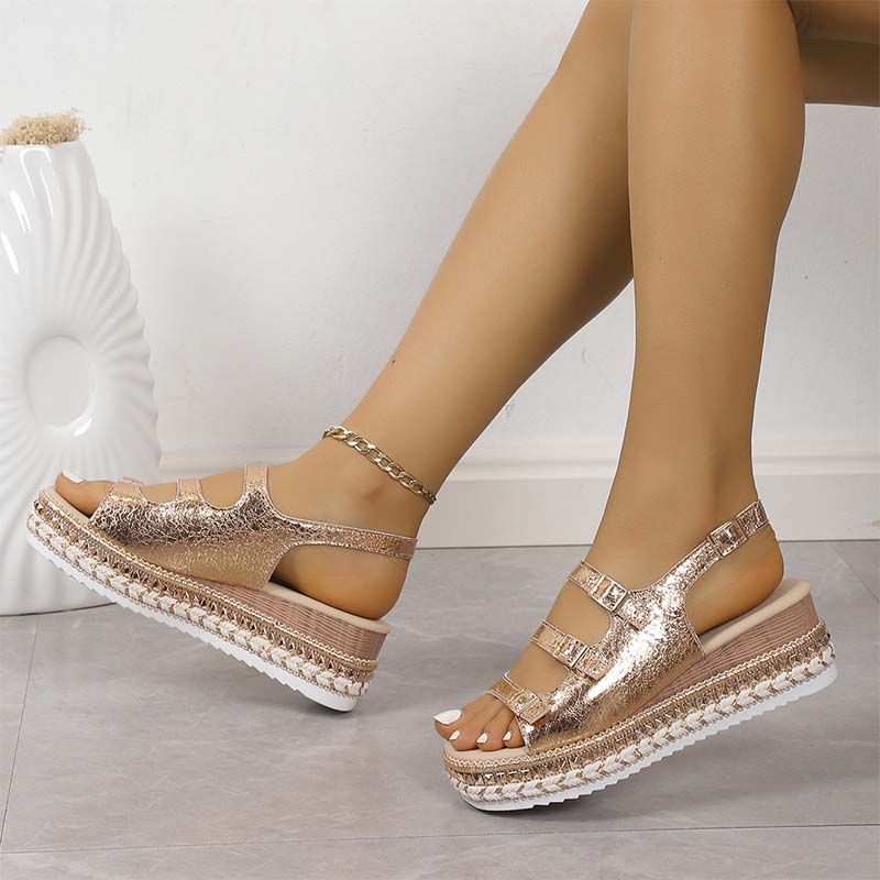 Damen Sommer Sandalen mit dicker Plateausohle und Knöchelriemen