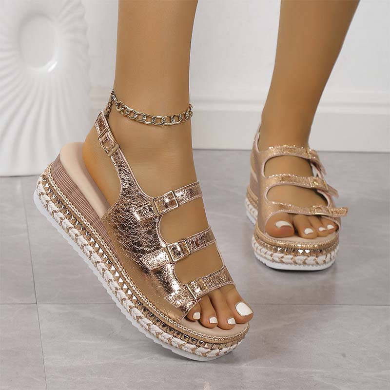 Damen Sommer Sandalen mit dicker Plateausohle und Knöchelriemen