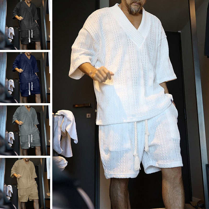 Lässiges, einfarbiges, kurzärmliges Oberteil und Shorts mit V-Ausschnitt für Herren, zweiteiliges Set