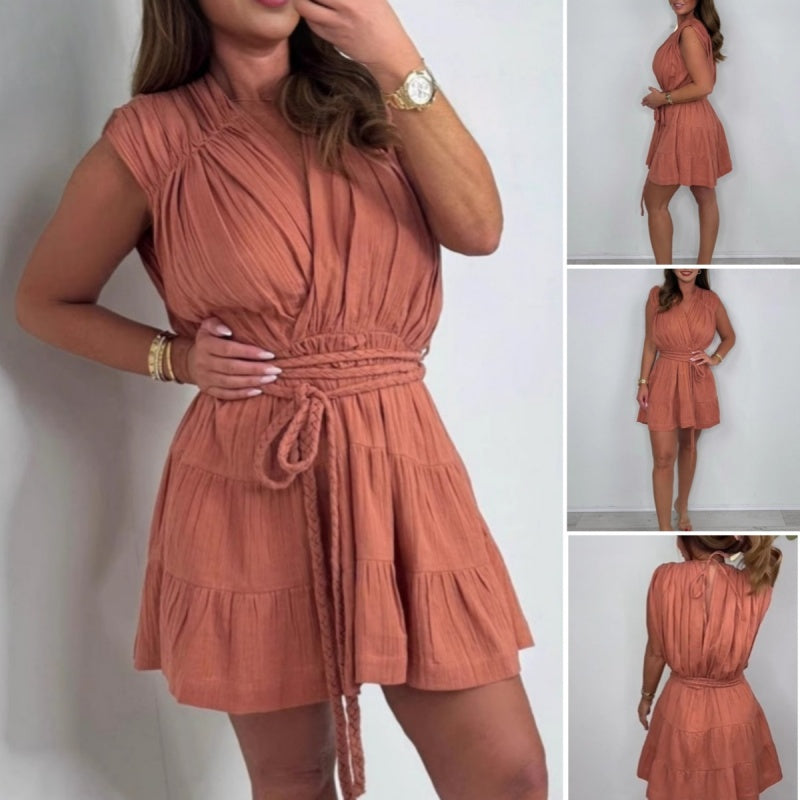 Elegantes ärmelloses Kleid mit V-Ausschnitt in Uni-Farbe