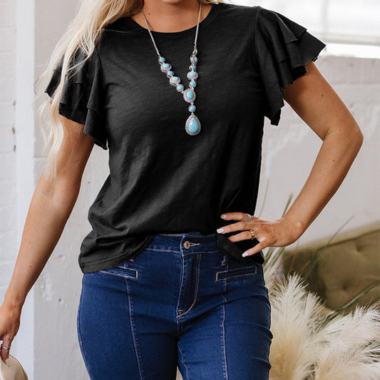 Lässiges Kurzarm-Top mit Rundhalsausschnitt und Rüschen