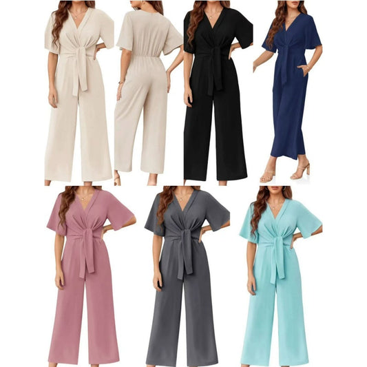 Eleganter Jumpsuit mit V-Ausschnitt und weitem Bein und Bindegürtel für Damen