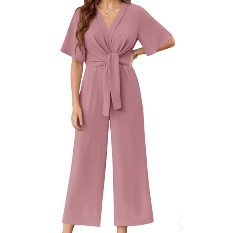 Eleganter Jumpsuit mit V-Ausschnitt und weitem Bein und Bindegürtel für Damen