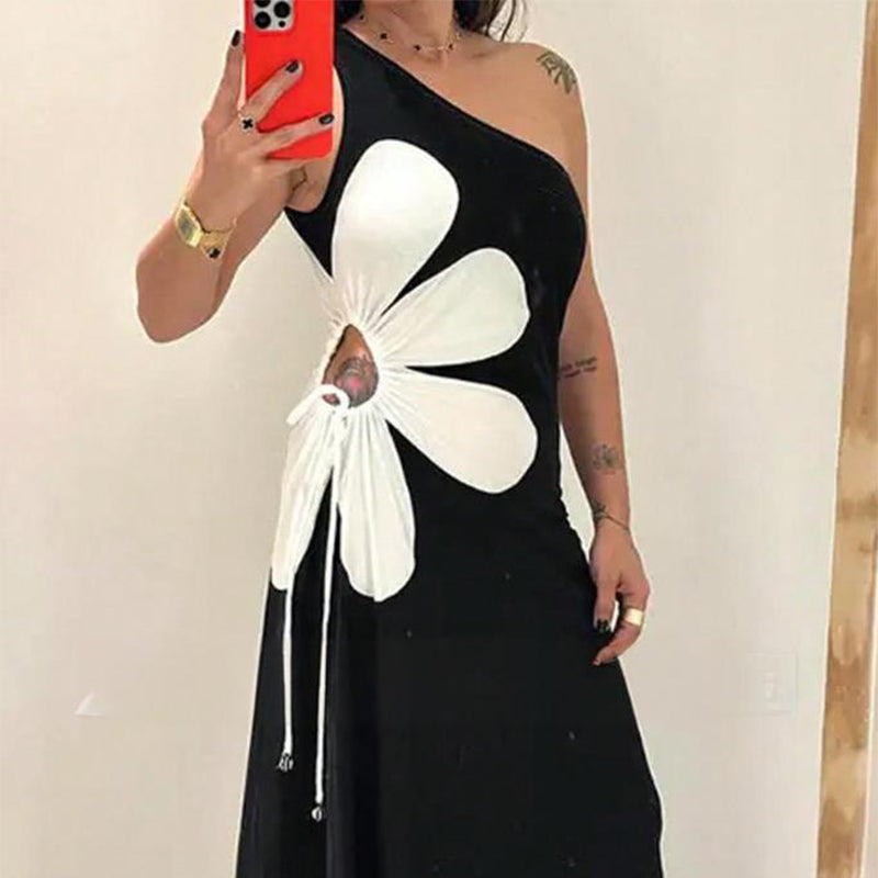 Schlankes A-Linien-Kleid mit Blumenmuster und One-Shoulder-Träger