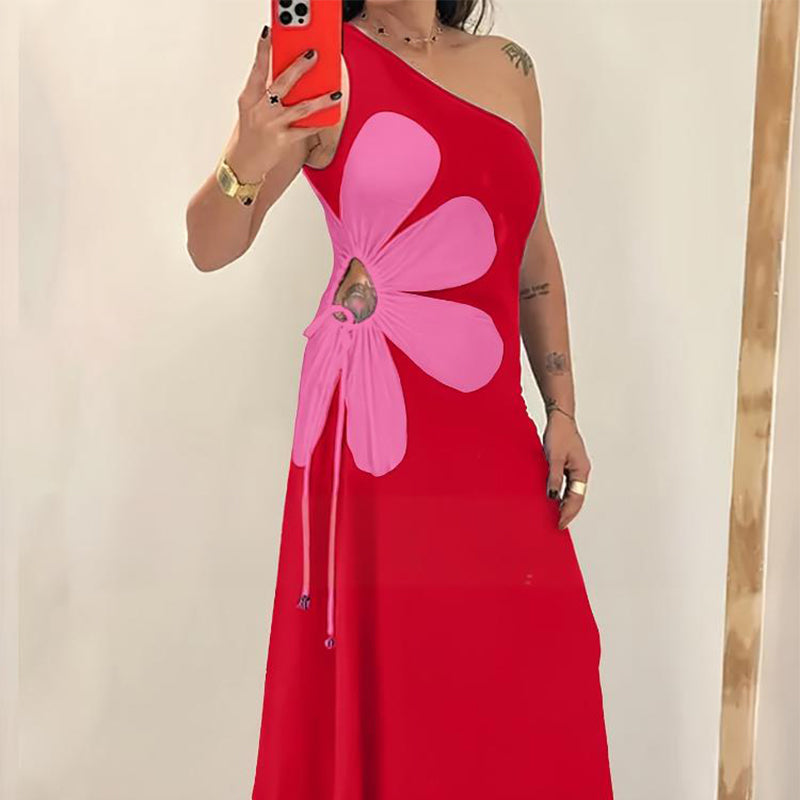 Schlankes A-Linien-Kleid mit Blumenmuster und One-Shoulder-Träger