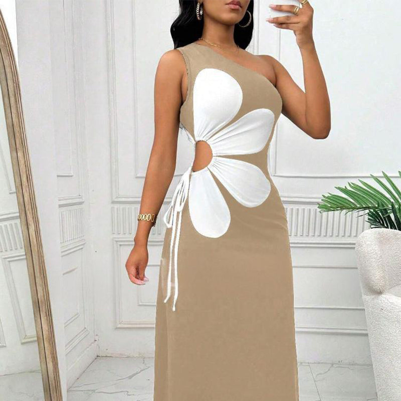 Schlankes A-Linien-Kleid mit Blumenmuster und One-Shoulder-Träger