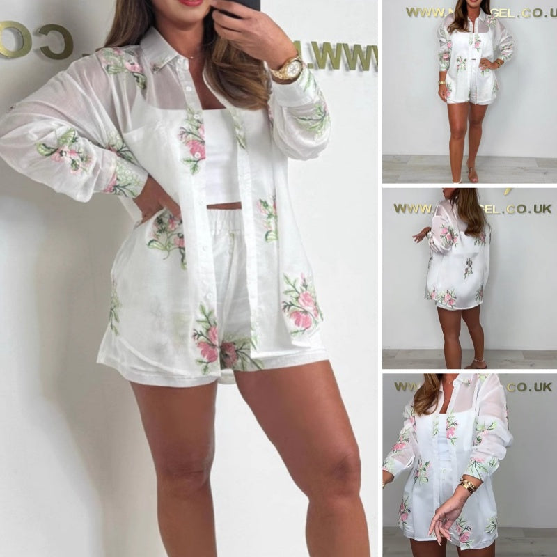 Leichtes, atmungsaktives, besticktes Hemd-Shorts-Set für Damen