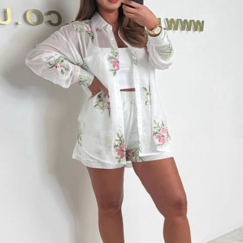 Leichtes, atmungsaktives, besticktes Hemd-Shorts-Set für Damen