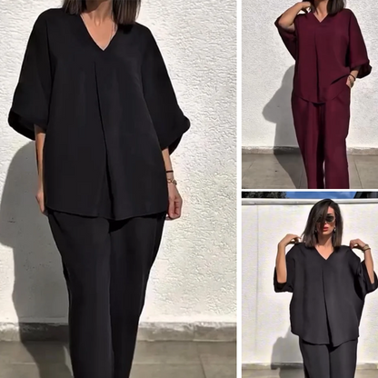 Lässiges, locker sitzendes Zweiteiler-Set aus Oberteil und Hose mit V-Ausschnitt für Damen