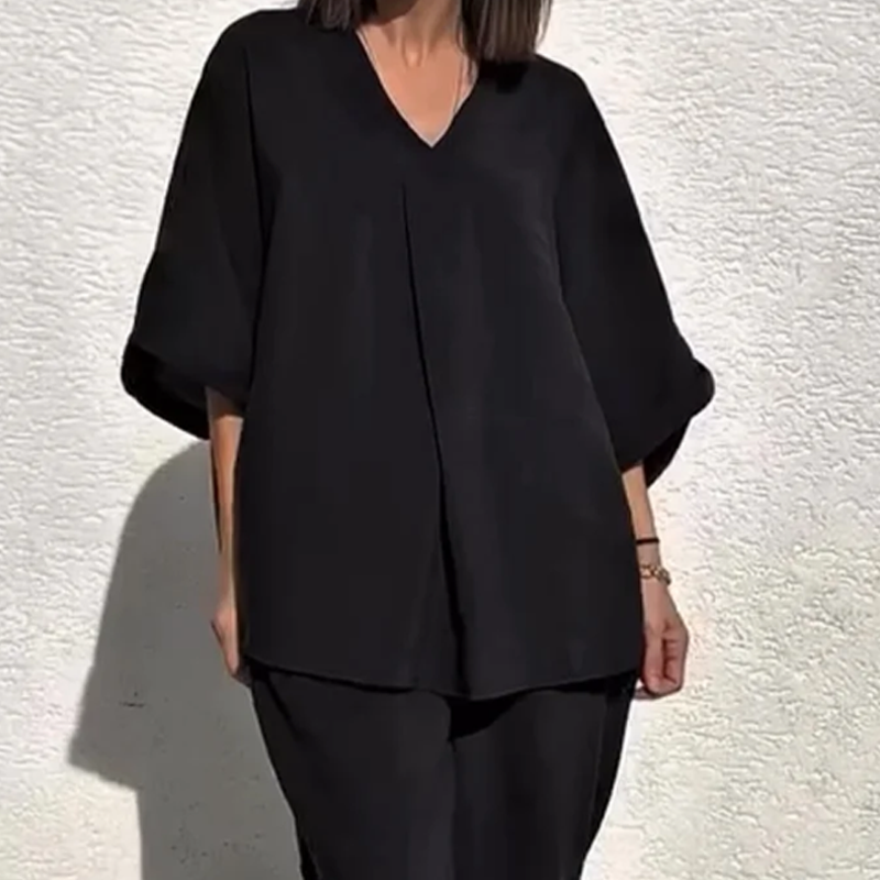Lässiges, locker sitzendes Zweiteiler-Set aus Oberteil und Hose mit V-Ausschnitt für Damen