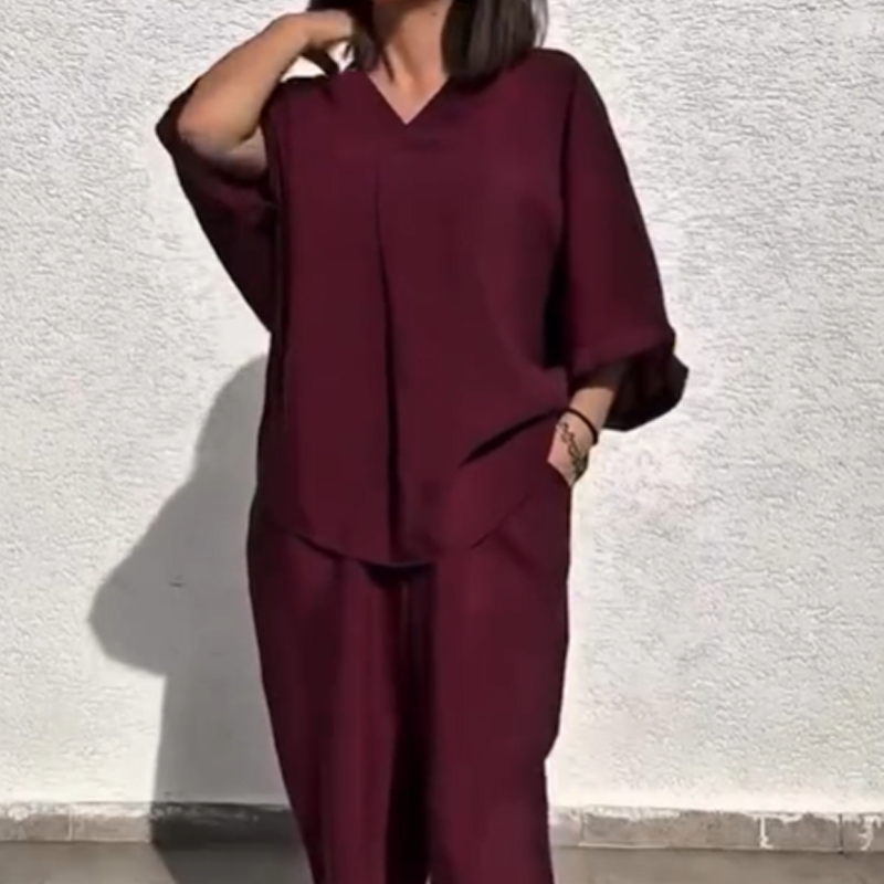 Lässiges, locker sitzendes Zweiteiler-Set aus Oberteil und Hose mit V-Ausschnitt für Damen