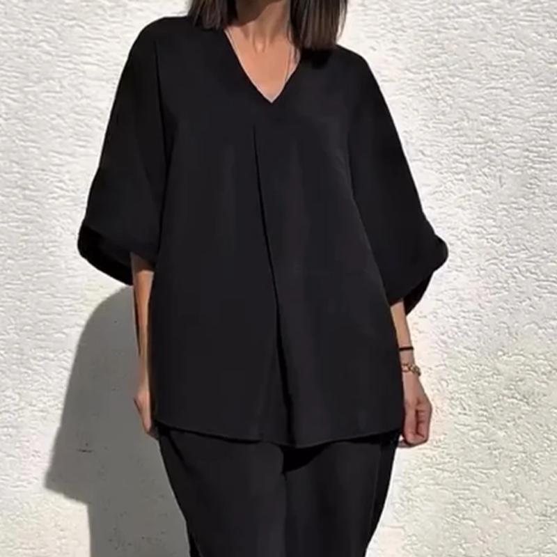 Lässiges, locker sitzendes Zweiteiler-Set aus Oberteil und Hose mit V-Ausschnitt für Damen