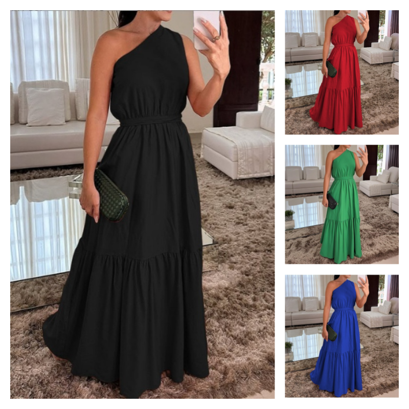 Stilvolles einfarbiges langes Kleid mit One-Shoulder-Träger und geraffter Taille