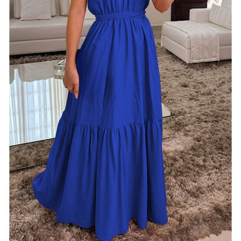 Stilvolles einfarbiges langes Kleid mit One-Shoulder-Träger und geraffter Taille
