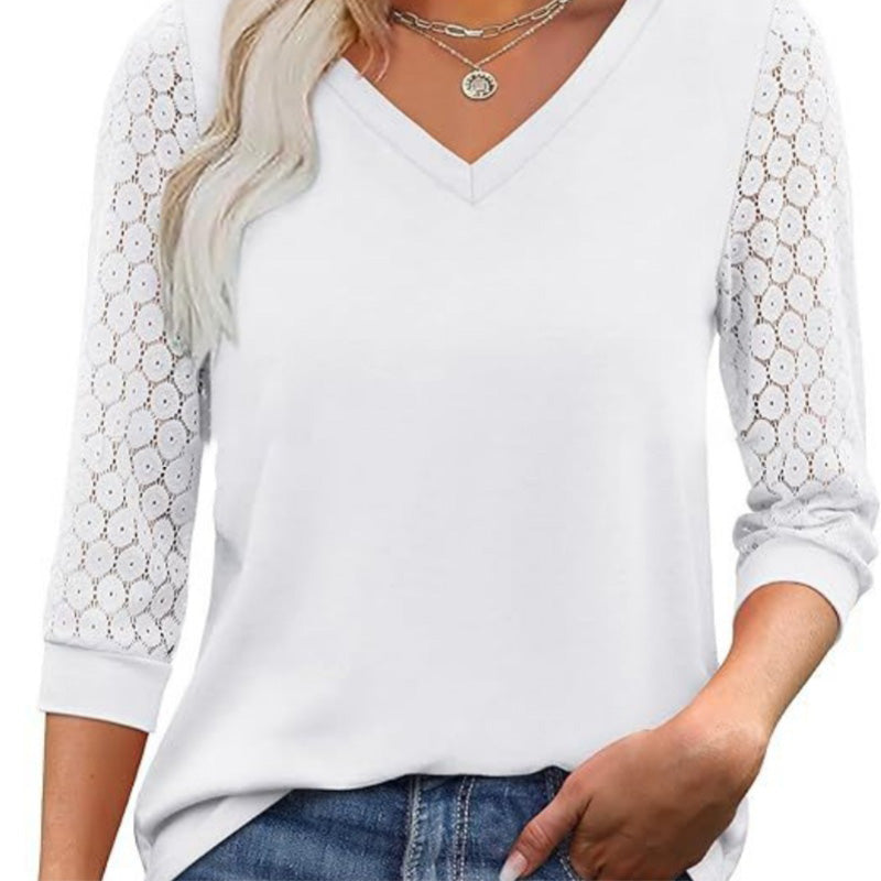 Lässiges Damen-Top mit V-Ausschnitt und 3/4-Ärmeln aus Spitze