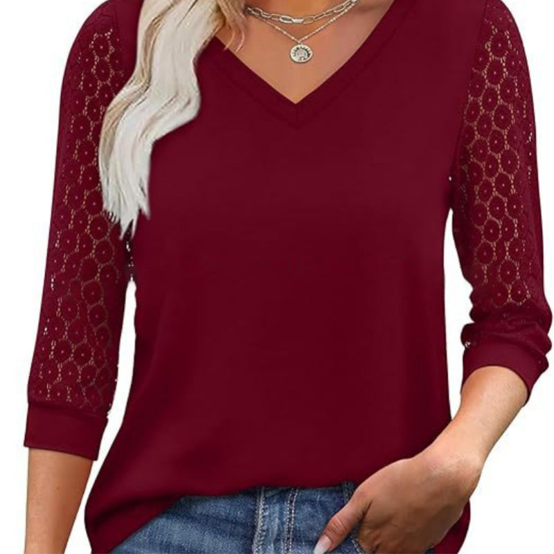 Lässiges Damen-Top mit V-Ausschnitt und 3/4-Ärmeln aus Spitze