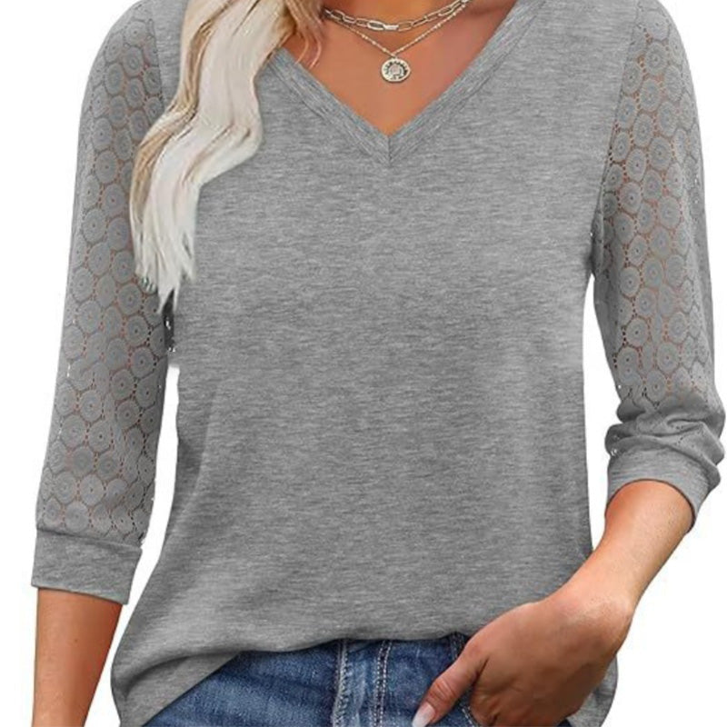 Lässiges Damen-Top mit V-Ausschnitt und 3/4-Ärmeln aus Spitze