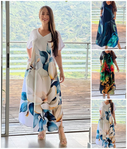 👗 Lockere, lässige Damenkleider mit V-Ausschnitt und bedruckten Kurzarm