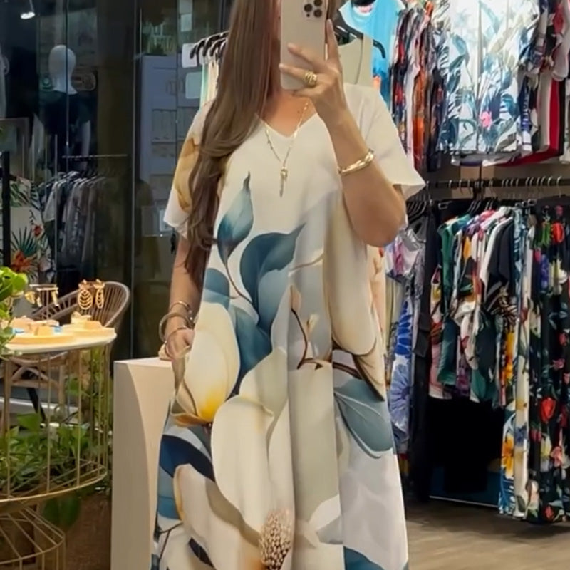 👗 Lockere, lässige Damenkleider mit V-Ausschnitt und bedruckten Kurzarm