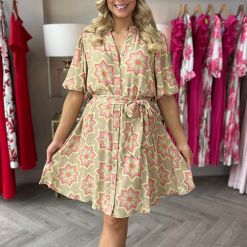 Elegantes bedrucktes Damenkleid mit V-Ausschnitt