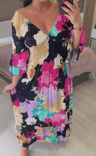 Maxikleid mit Blumendruck und Rüschensaum