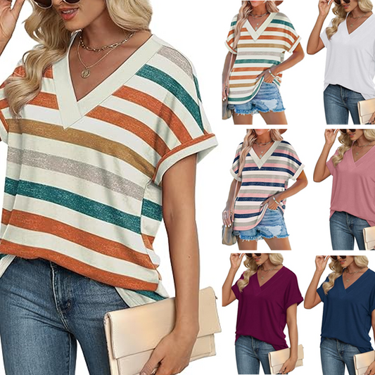 Modisches, gestreiftes Kurzarm-Oberteil mit V-Ausschnitt für Damen
