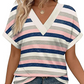 Modisches, gestreiftes Kurzarm-Oberteil mit V-Ausschnitt für Damen