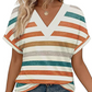 Modisches, gestreiftes Kurzarm-Oberteil mit V-Ausschnitt für Damen